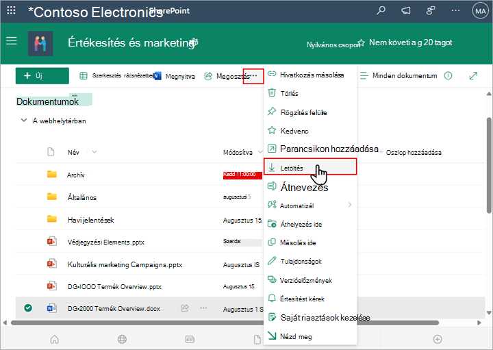 A SharePoint Letöltés parancsával letöltheti és mentheti egy fájl vagy mappa helyi példányát.