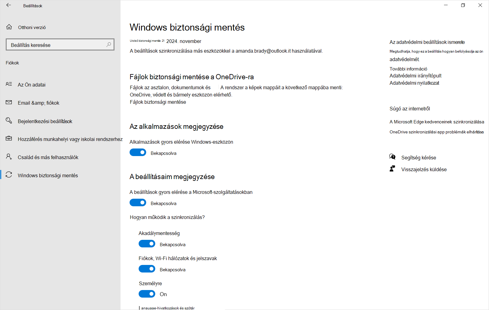 Képernyőkép a windowsos biztonsági mentés beállításairól a Windows 10.