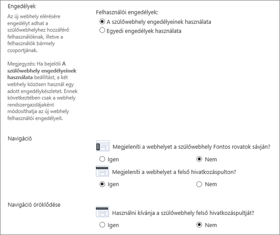 A Webhely létrehozása párbeszédpanel alsó felén