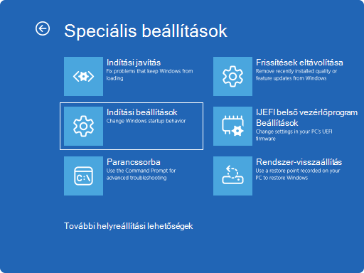 Képernyőkép a Windows RE speciális beállításairól.