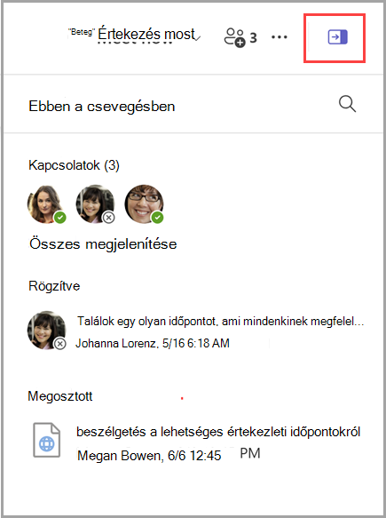 Képernyőkép arról, hogyan jeleníthet meg egy csevegési információs panelt, amely 3 fős listát, 1 rögzített üzenetet és 1 megosztott dokumentumot tartalmaz.