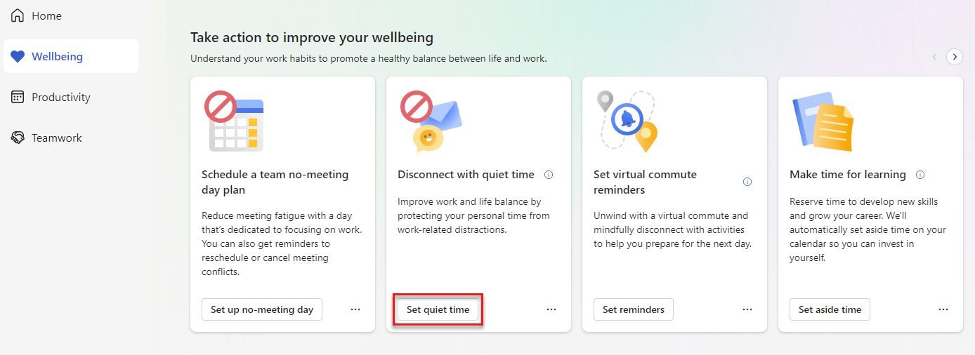 Képernyőkép a Wellbeing lap A jóllét javítása érdekében szakaszának képernyőképe a kiemelt Csendes idő beállítása gombbal