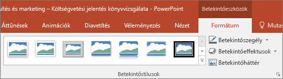 A PowerPoint Formátum lapján kiválasztható különböző betekintési stílusok és effektusok