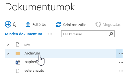 SharePoint 2016-dokumentumtár, egy mappa kiemelve