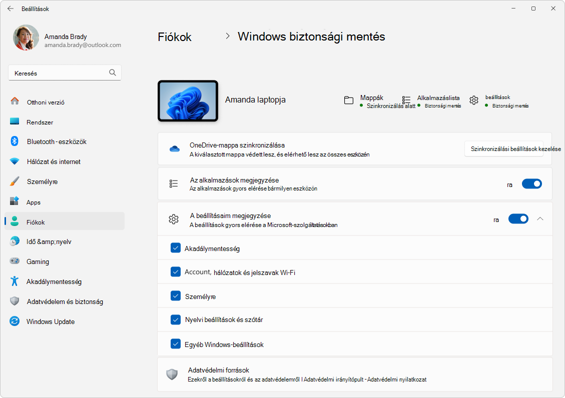 Képernyőkép a Beállítások > Fiókok > a Windows biztonsági mentéséről Windows 11.