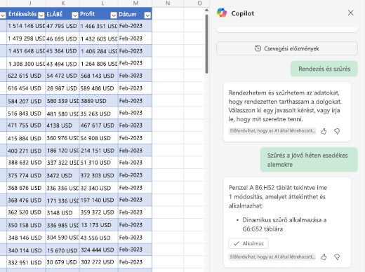 Képernyőkép az adatok szűréséről az Excel Copilot használatával.