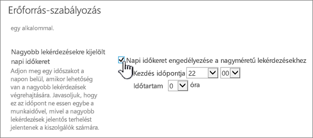 A Központi felügyelet alkalmazásbeállításokat tartalmazó lapja, amelyen a Napi időkeret elem van kiemelve