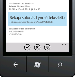 Kép egy mobilkészüléken megjelenő Bekapcsolódás Lync-értekezletbe hivatkozásról