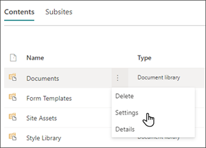 A Webhely tartalma lap képe, amelyen a kurzor a Dokumentumok menü Beállítások elemére mutat.
