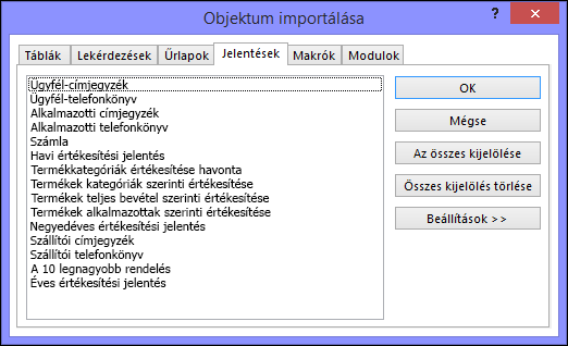 Az Objektum importálása párbeszédpanel egy Access-adatbázisban