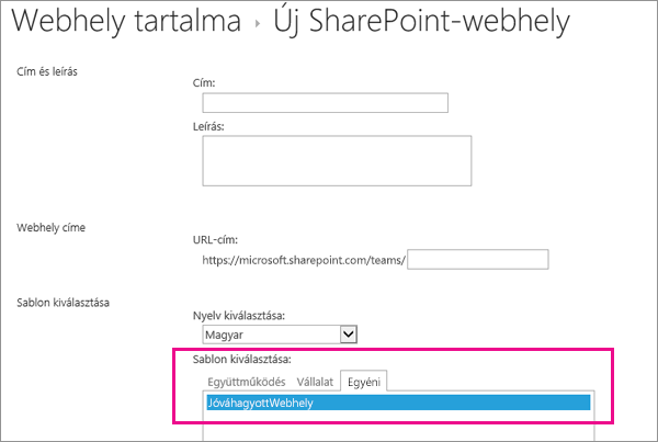 A Webhely létrehozása párbeszédpanel felső része