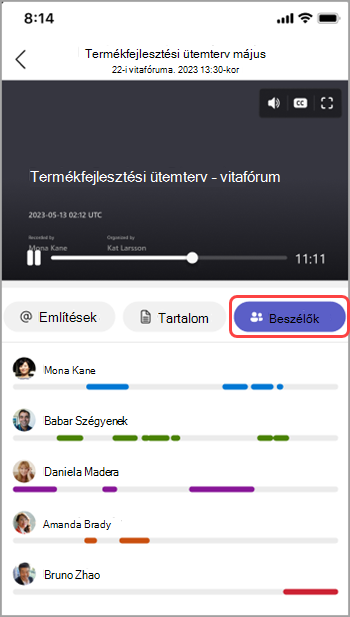 A Teams-értekezlet összefoglalójának előadóinak megtekintése.