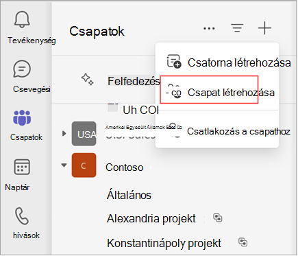 Képernyőkép egy menüről, amelyen lehetőség van csatorna létrehozására, csapat létrehozására vagy csapathoz való csatlakozásra. Csapat létrehozásához válassza a Csoport létrehozása lehetőséget. A meglévő csapatok és csatornák listáját is megjeleníti.