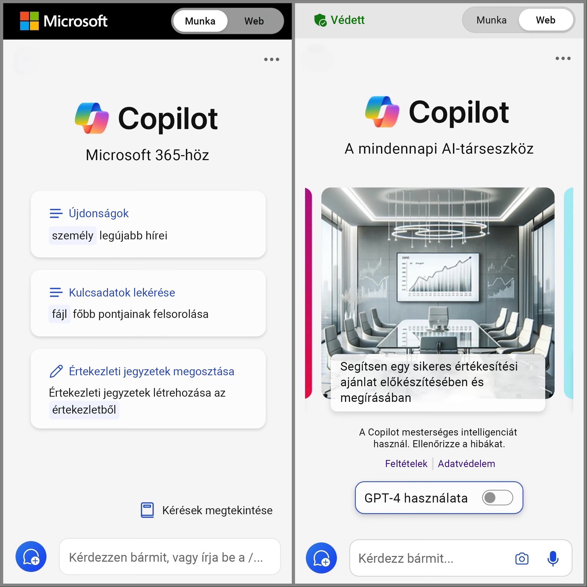 A Copilot mobile webes és munkahelyi verzióra váltott képernyőjét jeleníti meg a csevegési kérés eléréséhez.