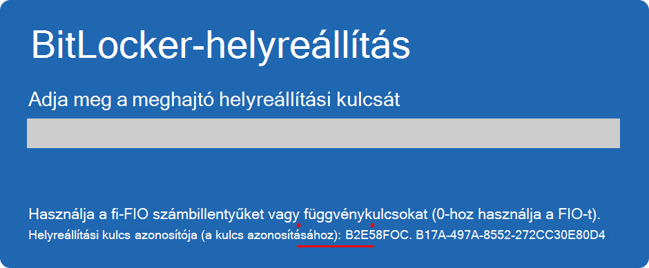 Képernyőkép a BitLocker helyreállítási képernyőről a kulcsazonosító kiemelésével.