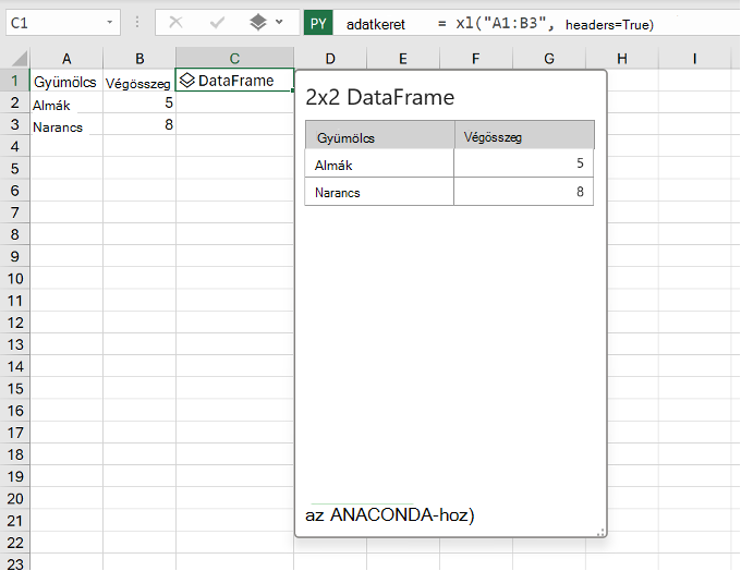 Python az Excel DataFrame-ben – előzetes verzió, amely Python-kódot és Excel-értékeket jelenít meg.