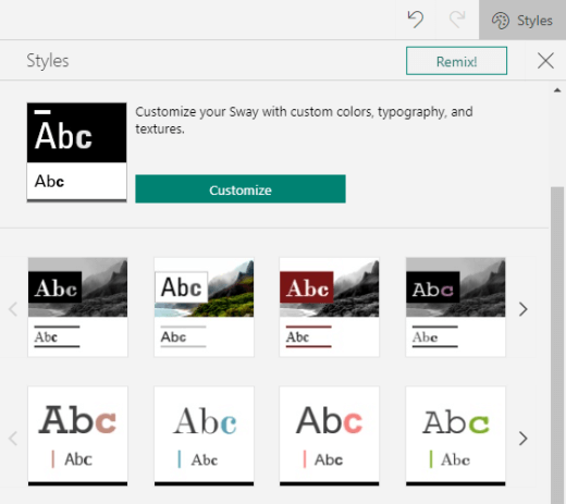 The Styles pane showing a list of available styles and the Customize button in Sway.
