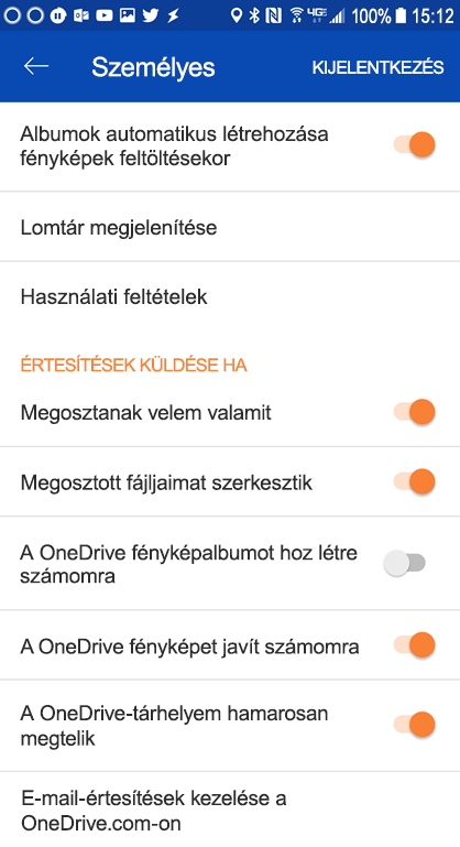 Az értesítési beállítások beállításának OneDrive androidos app beállításai között megjelenik.