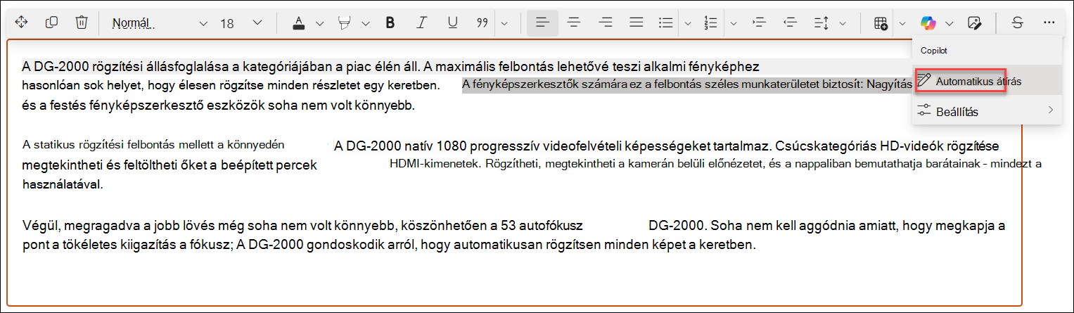 automatikus átírás előtt – a példa képernyőképe