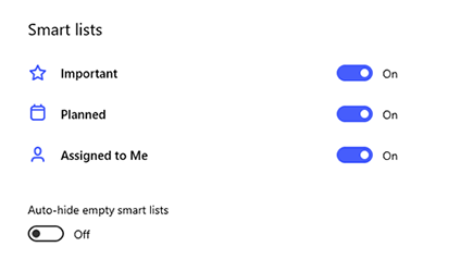 Képernyőkép: a fontos, tervezett és hozzárendelt beállításokkal rendelkező intelligens listák a bekapcsolt és az üres Smart-listák automatikus elrejtéséhez.