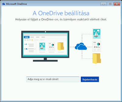 Képernyőkép: a OneDrive-beállítás első képernyője Windows 7-ben
