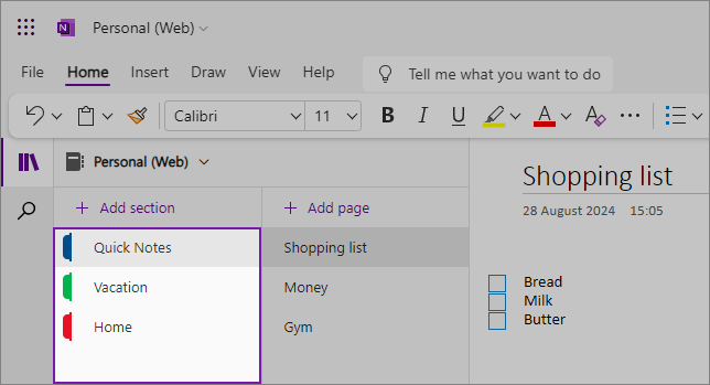 A OneNote webes felhasználói felületének nézete a tartalmi területtel