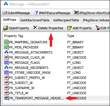 Az OutlookSpy használatával törölje a PR_TRANSPORT_MESSAGE_HEADERS tulajdonságot.