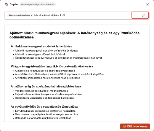 Képernyőkép a PowerPoint Copilot által létrehozott témakörök listájáról.