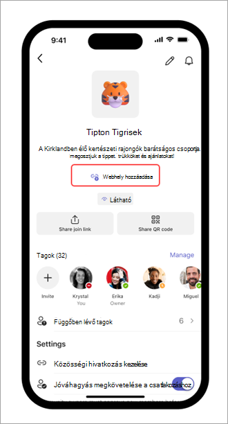 Képernyőkép a Webhely hozzáadása hivatkozásról a Microsoft Teams (ingyenes) a közösségi beállításaiban mobileszközön.