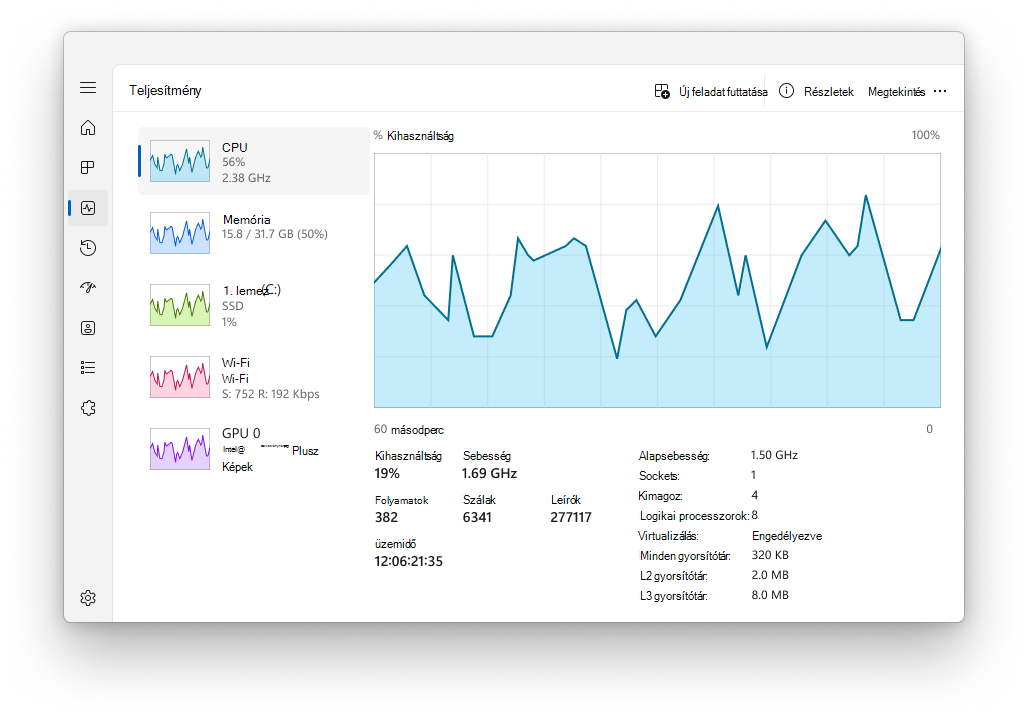 Képernyőkép a Feladatkezelő – Teljesítmény lapról.