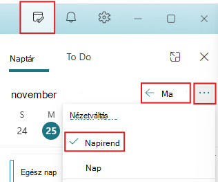 A Mai nap panel beállítása "Ma" és "Napirend" nézetre