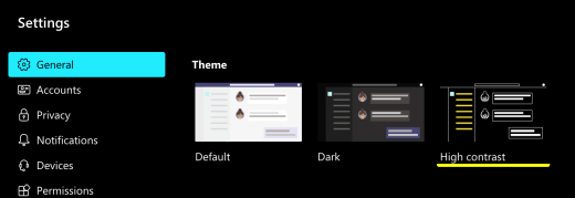 The High contrast option selected in Microsoft Teams settings in macOS.
