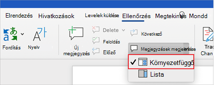 A "Megjegyzések megjelenítése" menü ki van bontva a Mac Wordben a "Környezetfüggő" beállítással.