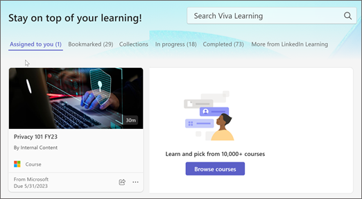 Az Önhöz rendelt lap a Viva Learning
