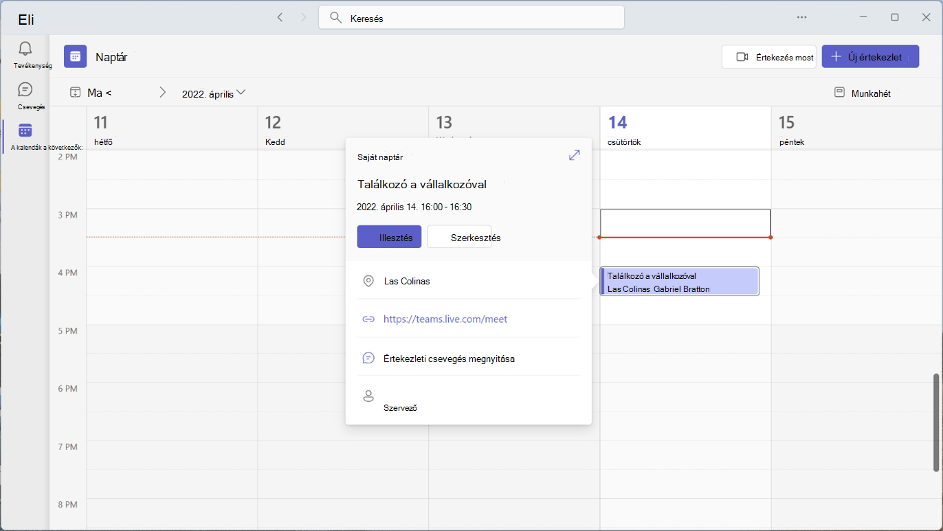 A naptárértekezlet ablakot megjelenítő Outlook-naptár.
