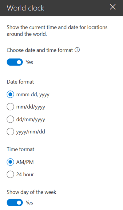 A SharePoint-webhelyekHez készült World Clock kijelző eszközkészlete, amely bemutatja, hogyan szabhatja testre a dátum- és időformátumot