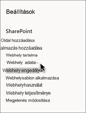 Képernyőkép a SharePoint beállításairól a kijelölt webhelyadatokkal