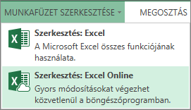 A Munkafüzet szerkesztése menü Szerkesztés: Excel Online parancsa