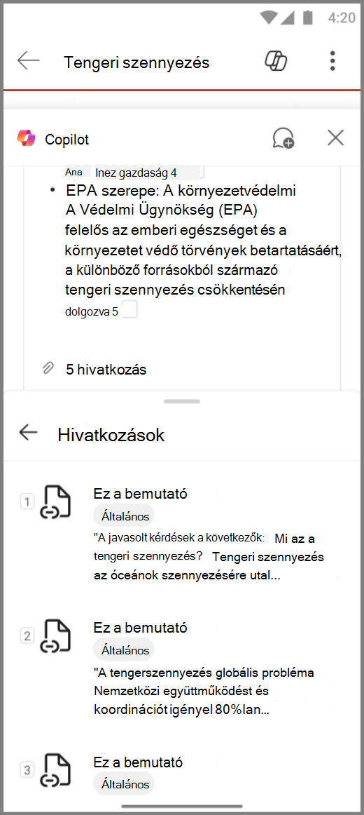 Képernyőkép a PowerPoint Copilotról Android-eszközön a Diacsomag összefoglalása válasz hivatkozásaival