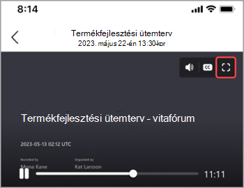 A teljes képernyős ikonra koppintva megjelenítheti az értekezlet felvételét a teljes képernyőn.