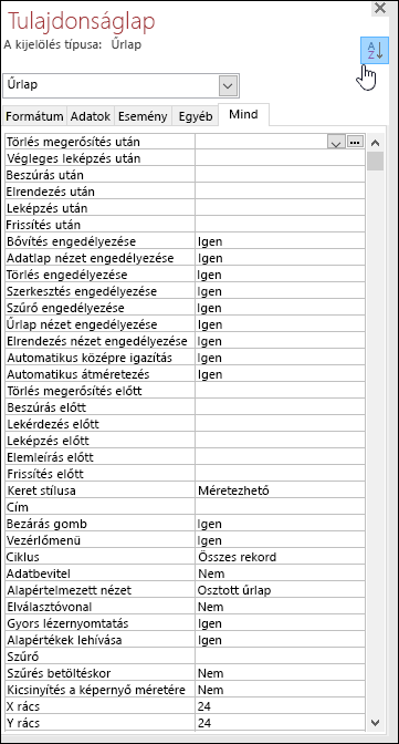 Screenshot of Access property sheet with properties sorted alphabetically