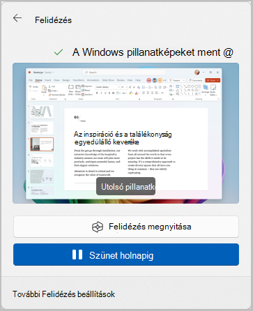 Képernyőkép a tálcán található Felidézés lehetőségről a pillanatképek holnapig történő szüneteltetéséhez