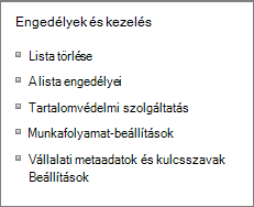 A Lista engedélyei és a Felügyeleti beállítások hivatkozás