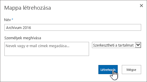 A SharePoint 2016 Új mappa megosztása párbeszédpanele