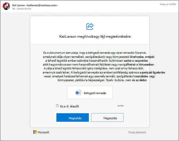 Meghívó e-mailben egy Microsoft Word-fájl megosztására a Copilot által létrehozott összegzéssel.