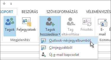 Tagok hozzáadása Outlook-névjegyek közül