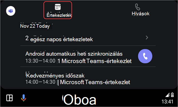 Képernyőkép az értekezletekbe való bekapcsolódásról az Android Auto használatával