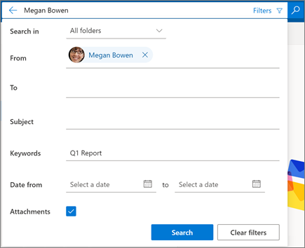 Keresési szűrők a webes Outlookban
