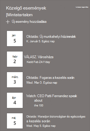 Az események kijelző eseménylistákkal és dátumokkal.