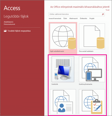 Alkalmazássablonok az Access 2013 nyitóképernyőjén